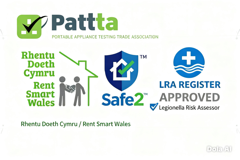 credations Logos of Patta, Rent Smart Wales, Safe2, and LRA Register, promoting safe renting practices.